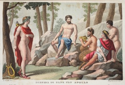 Pan und Apollo oder Dinfida di Pane con Apollo, Buch XI, Illustration aus Ovids Metamorphosen, Florenz, 1832 von Luigi Ademollo